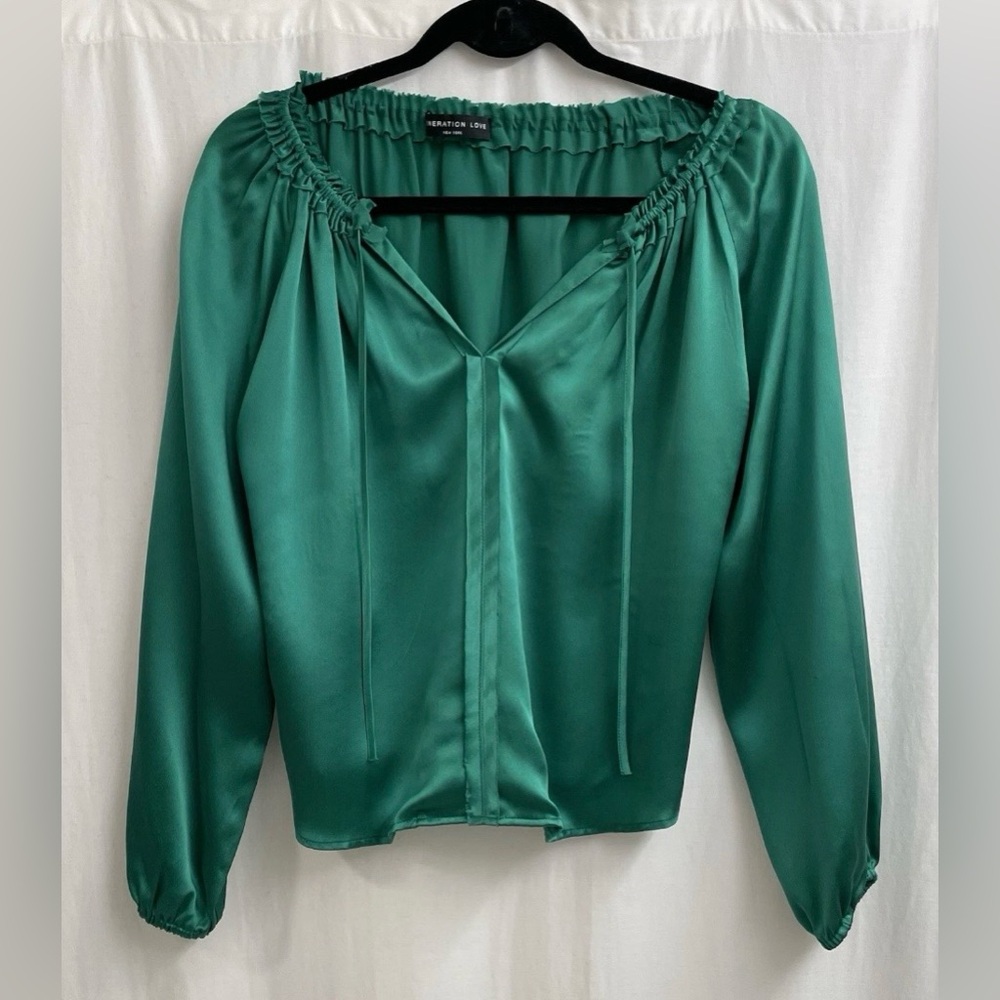 Generation Love V - Neck, Long Sleeve, Elastic Cuffs Emerald Green Silk Blouse